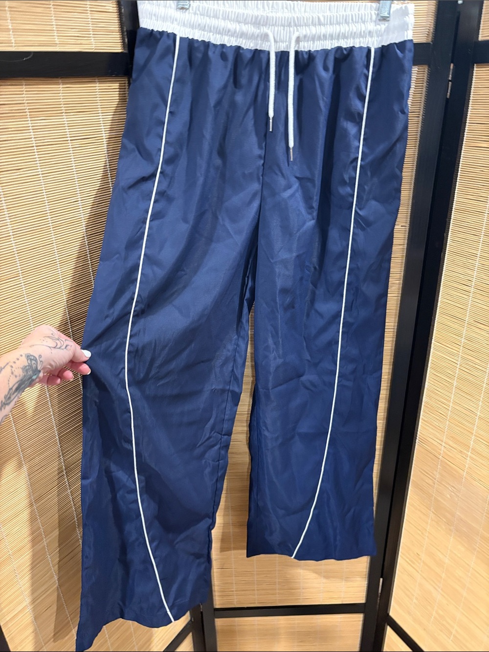 Navy Blue Track Pants with White Trim - Elastic Waist